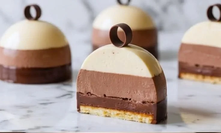 Triple Chocolate Mousse Domes served on a dessert plate
