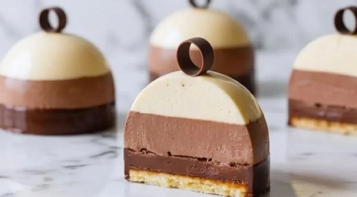 Delicious triple chocolate mousse domes ready to be served for dessert