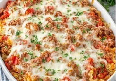 Delicious unstuffed cabbage roll casserole served in a baking dish