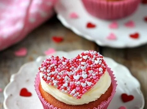 Valentine's Day cupcakes with colorful sprinkle hearts on top