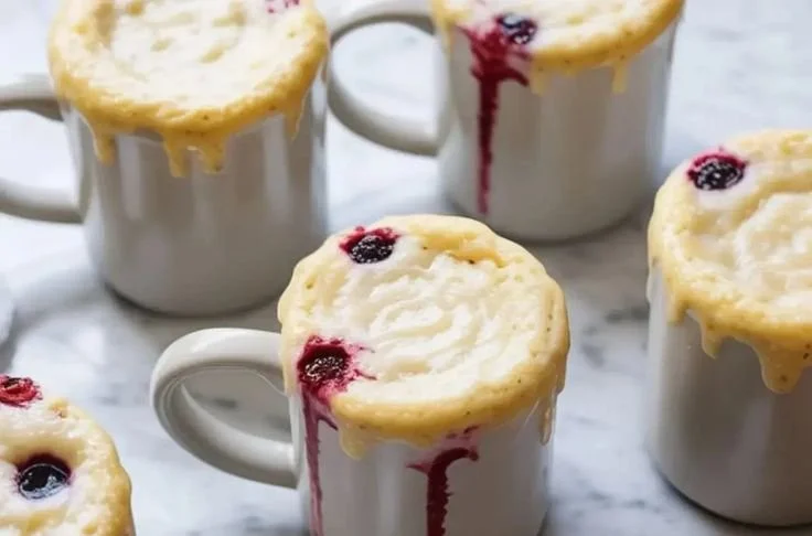 Delicious vanilla protein mug cake topped with frosting in a mug