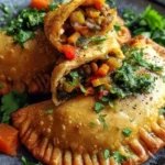 Vegan lentil empanadas with veggie filling and chimichurri sauce on a plate