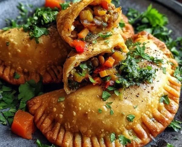 Vegan lentil empanadas with veggie filling and chimichurri sauce on a plate