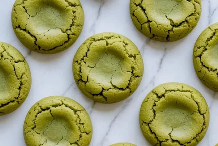Delicious Vegan Matcha Cookies on a plate, showcasing their vibrant green color.