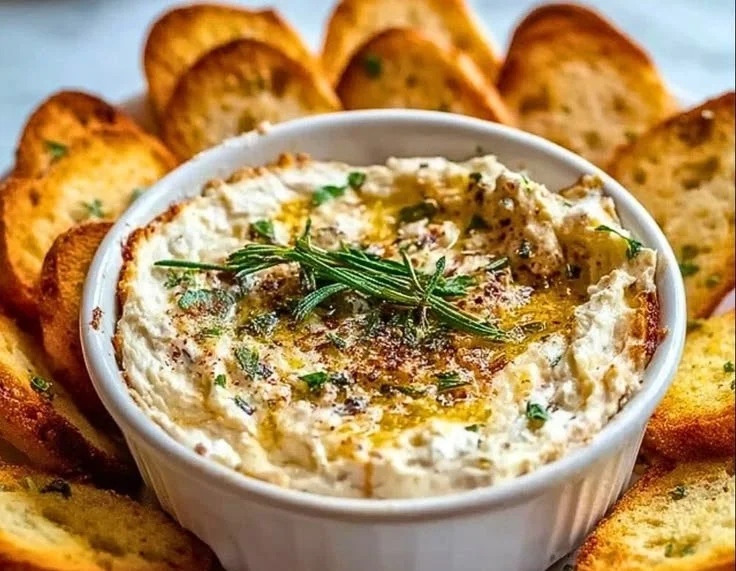 Warm Boursin cheese dip served with crispy crostini.