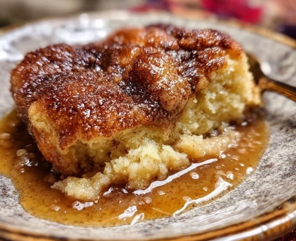 Delicious warm cinnamon snickerdoodle cobbler served in a baking dish.
