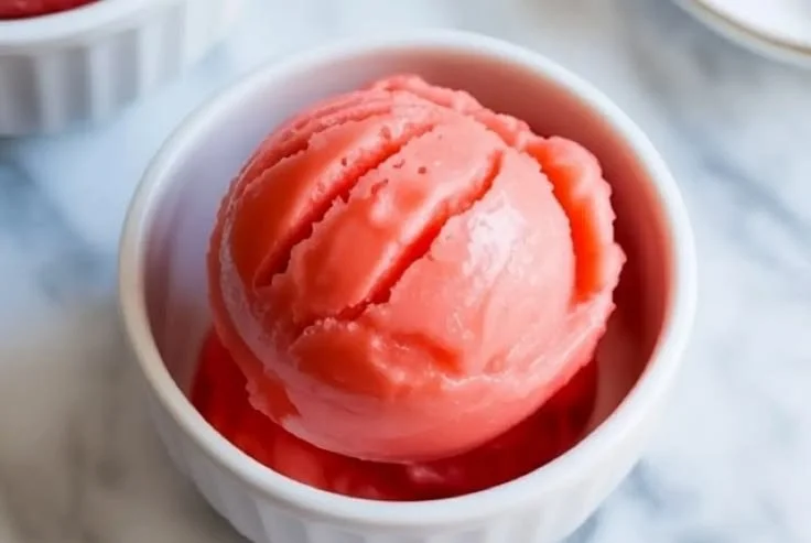 A bowl of vibrant watermelon sorbet garnished with mint leaves.