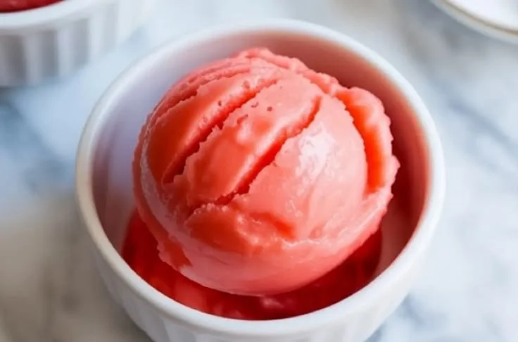 Bowl of homemade watermelon sorbet with fresh watermelon slices
