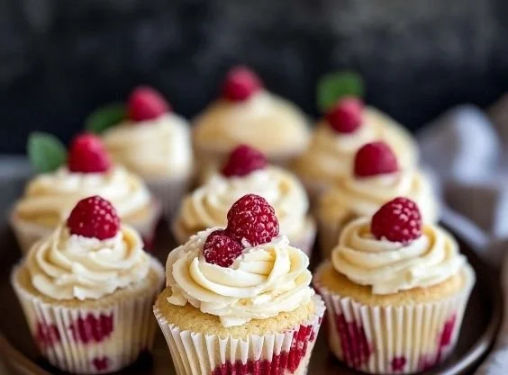 White chocolate raspberry cupcakes topped with creamy frosting and fresh raspberries.