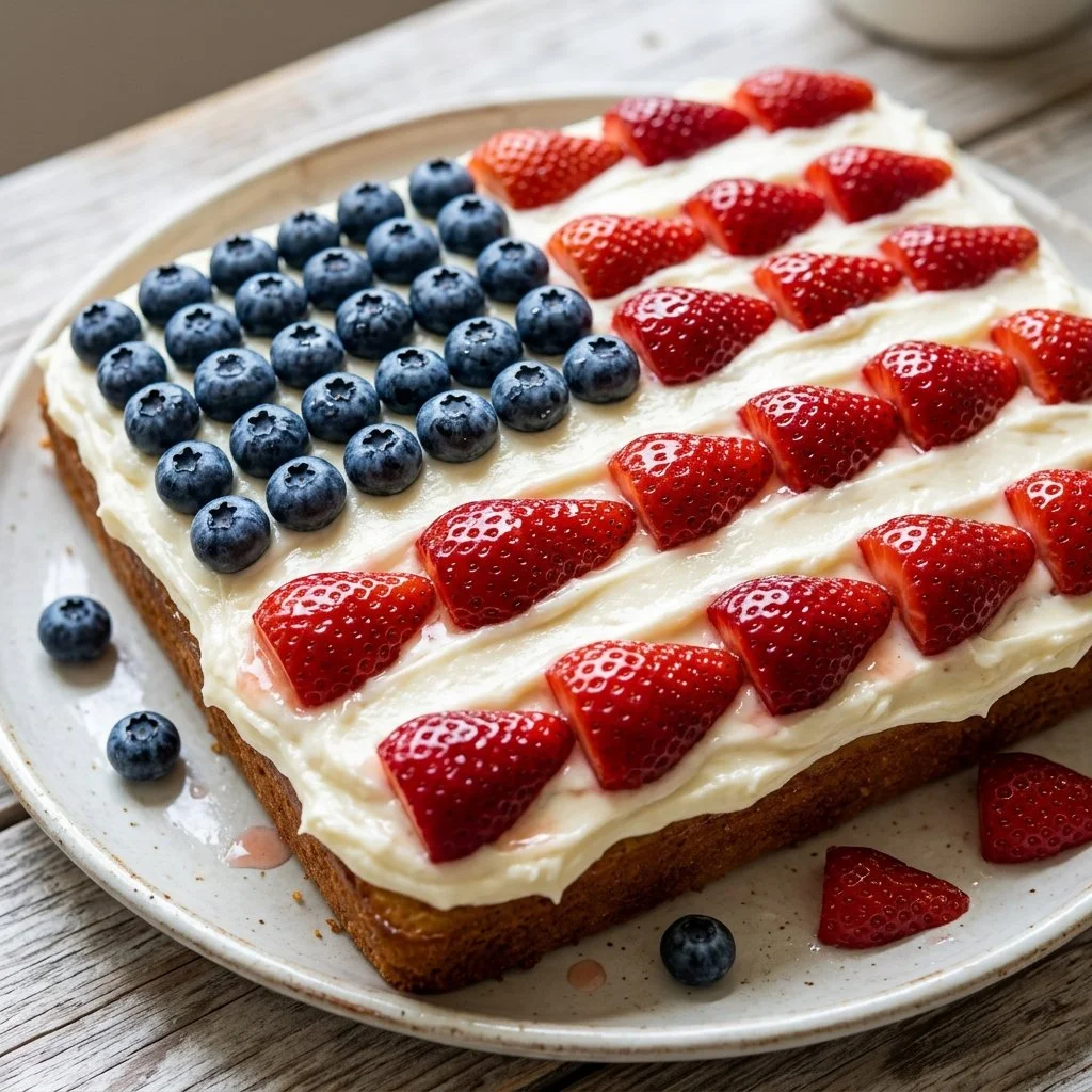 Colorful 4th of July flag cake decorated with strawberries and blueberries.
