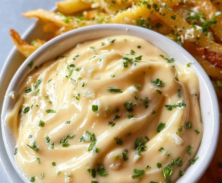 Homemade aioli sauce in a bowl with fresh garlic and herbs
