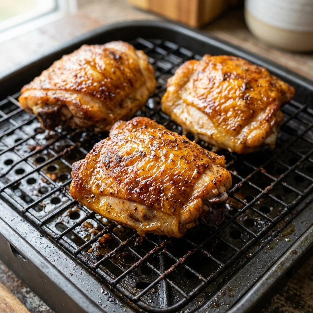 Crispy air fryer chicken thighs served on a plate with herbs