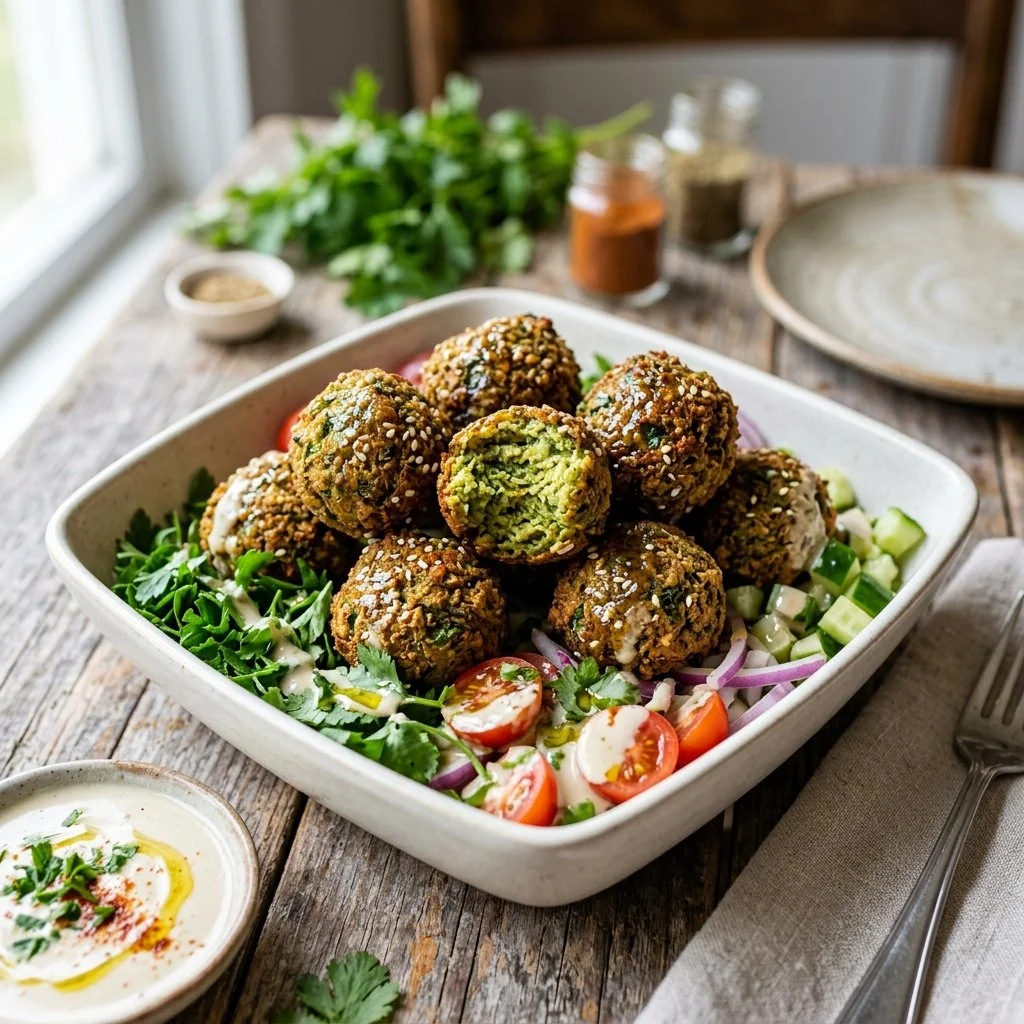 Crispy Air Fryer Falafel served on a plate with dipping sauce