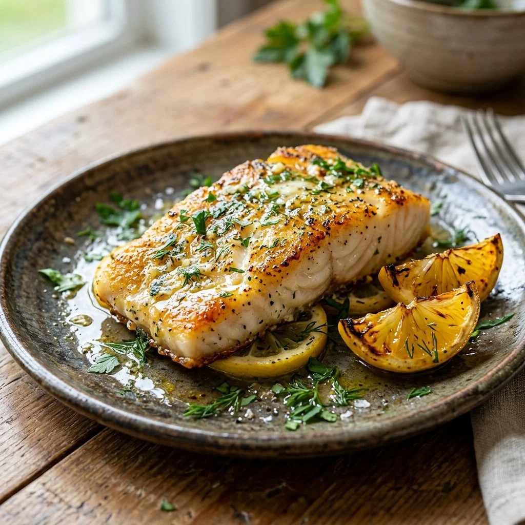 Delicious Air Fryer Lemon Cod recipe served with fresh herbs
