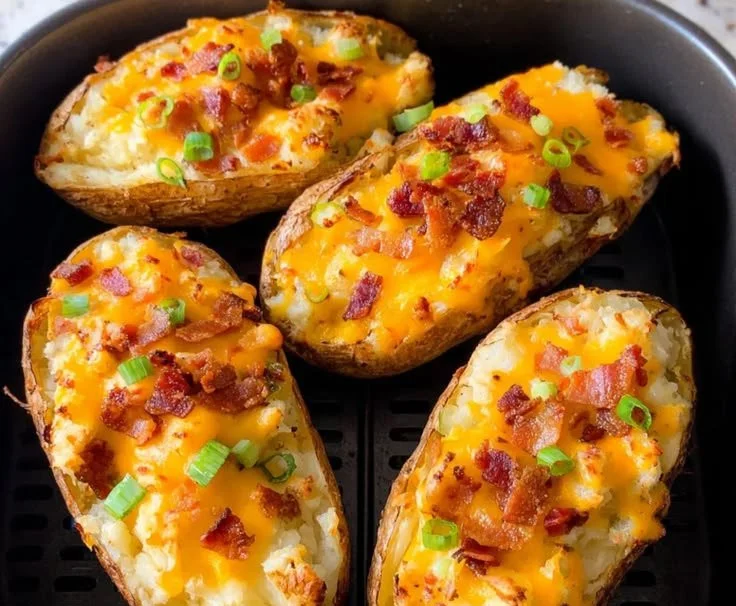 Perfectly cooked Air Fryer twice-baked potatoes topped with cheese and chives
