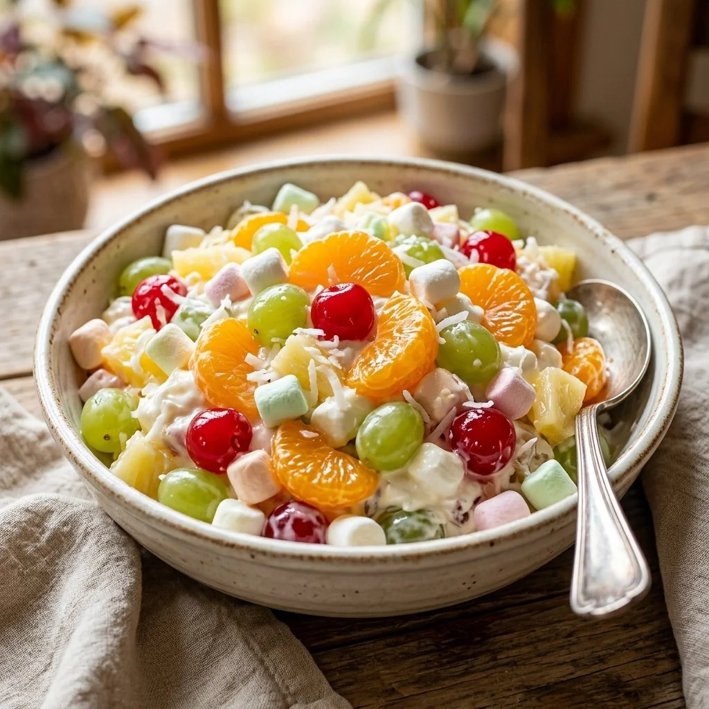 A colorful Ambrosia Salad with fruits, nuts, and whipped cream
