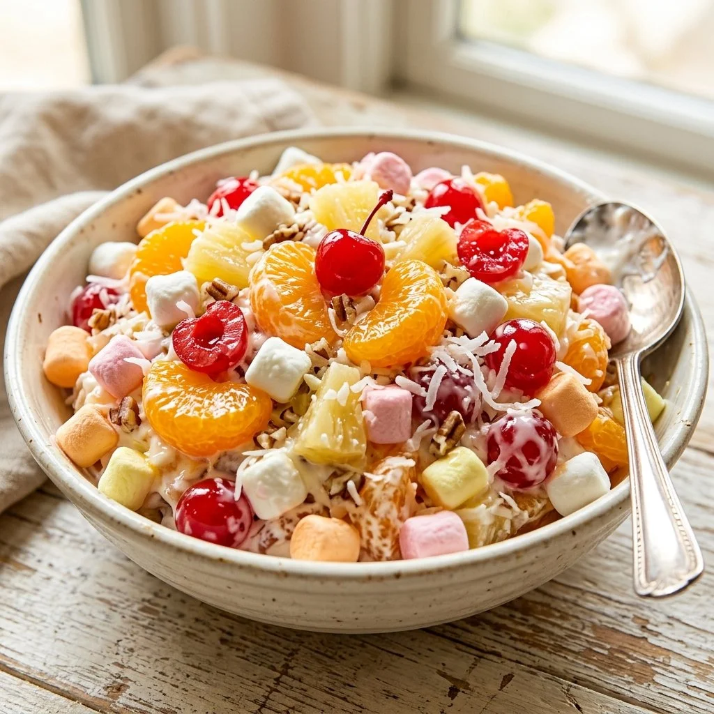 A colorful bowl of Ambrosia Salad with fruits and creamy dressing