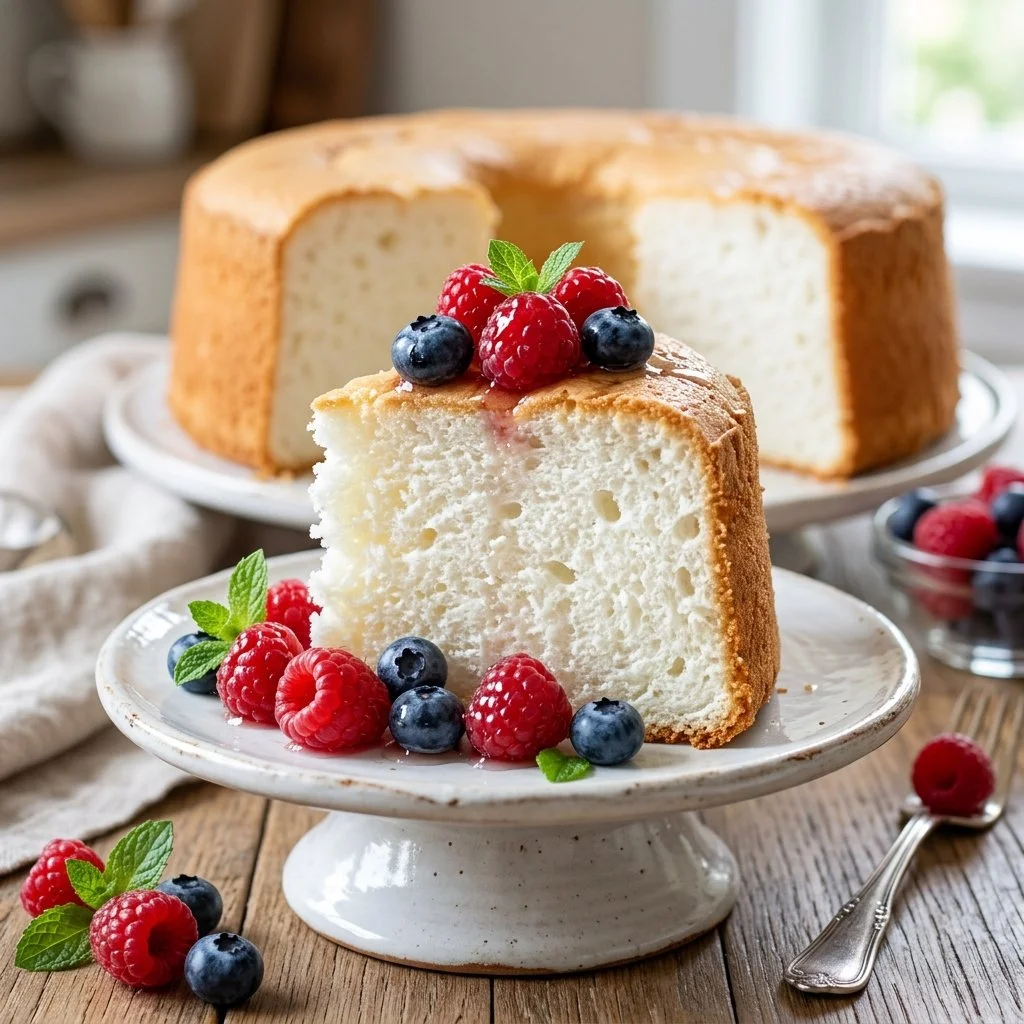 Delicious homemade Angel Food Cake topped with fresh berries and whipped cream