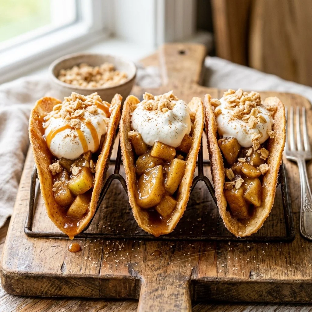Delicious apple pie tacos filled with spiced apples and wrapped in a crispy shell.