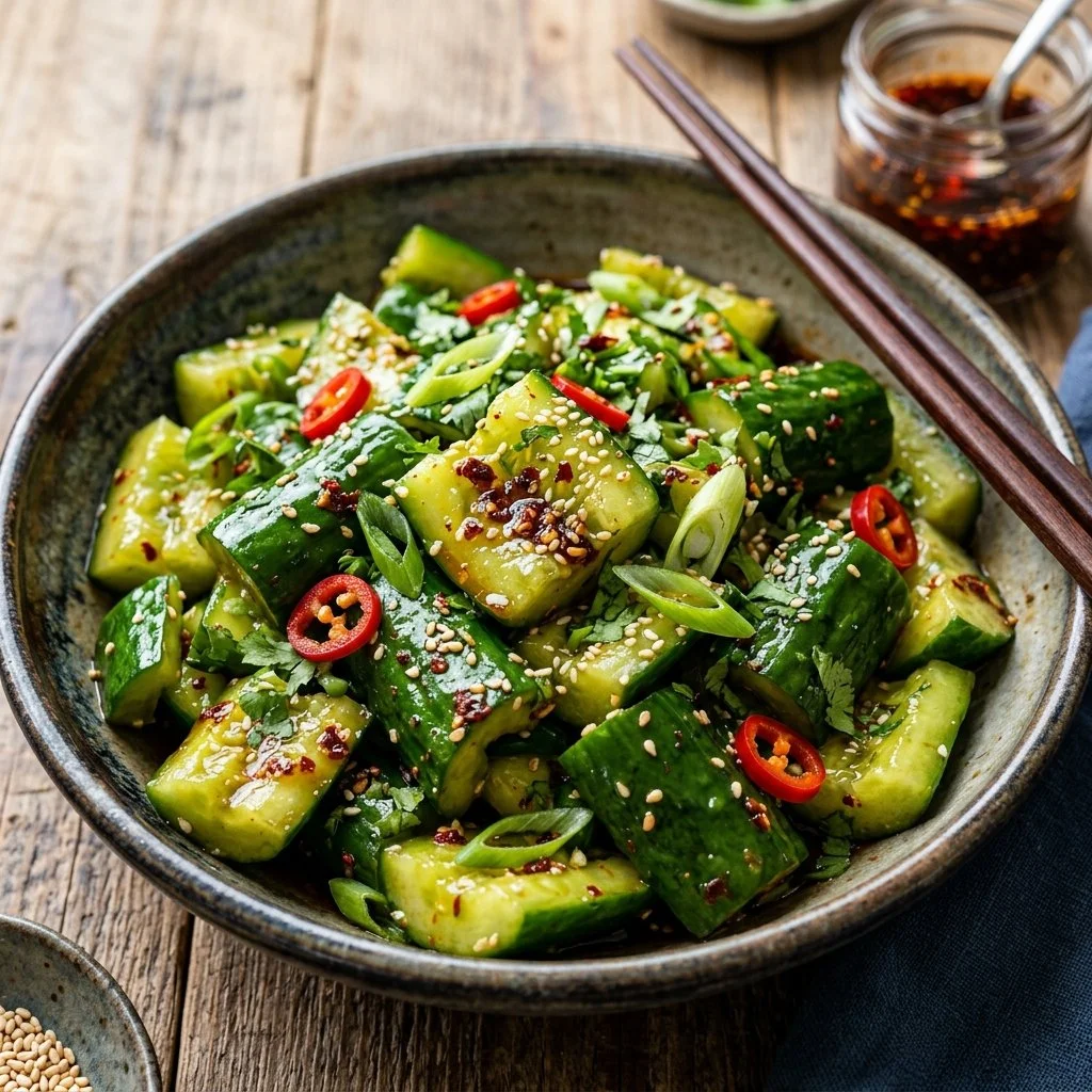 Bowl of Asian cucumber salad with vibrant colors and fresh ingredients