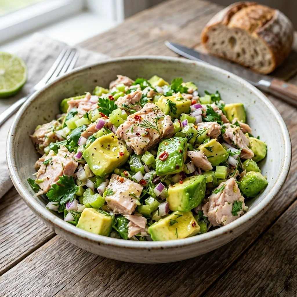 Delicious Avocado Tuna Salad with fresh ingredients in a bowl.