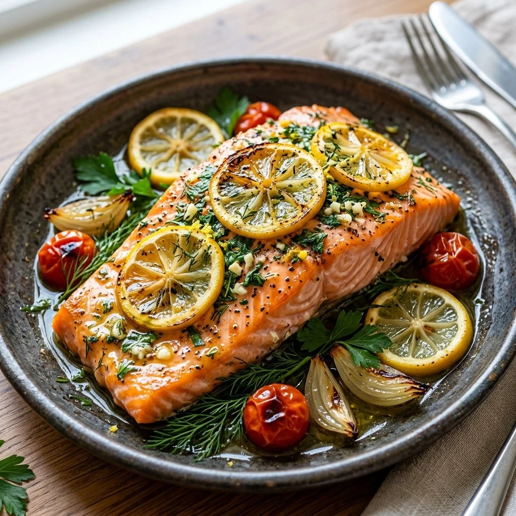 Baked lemon herb salmon served on a plate with fresh herbs and lemon slices.
