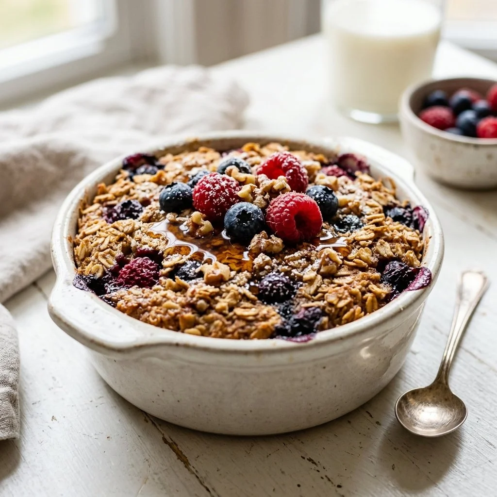 Delicious baked oatmeal topped with fresh fruits and nuts in a rustic dish.