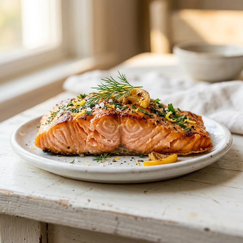 Delicious baked salmon fillet with herbs and lemon on a white plate
