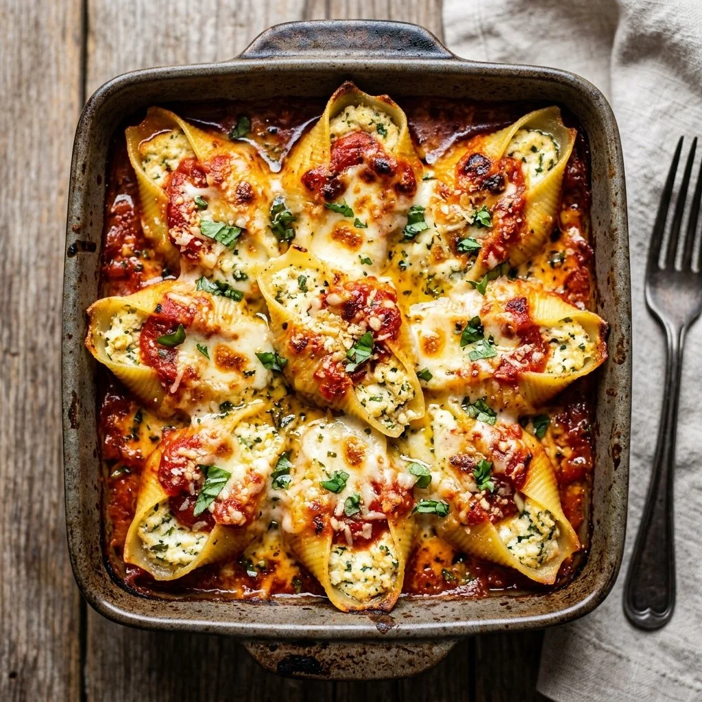 Delicious baked stuffed shells filled with ricotta and herbs, served hot.