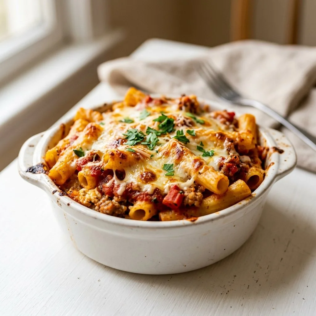 Delicious baked ziti dish fresh out of the oven, ready to enjoy.