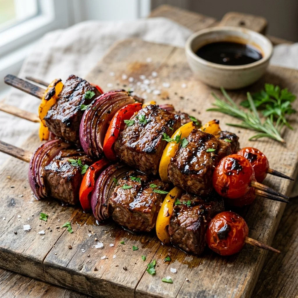 Grilled balsamic steak skewers served on a platter with veggies