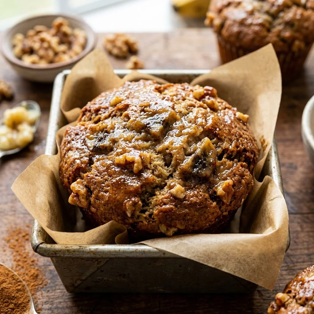 Homemade banana bread muffins with nuts and chocolate chips on a wooden table