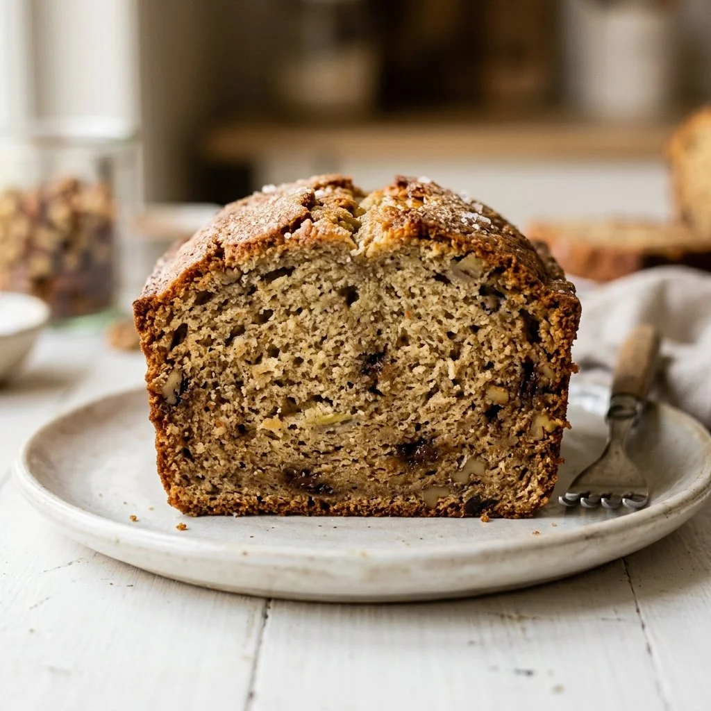 Delicious homemade banana bread sliced and served on a wooden table.