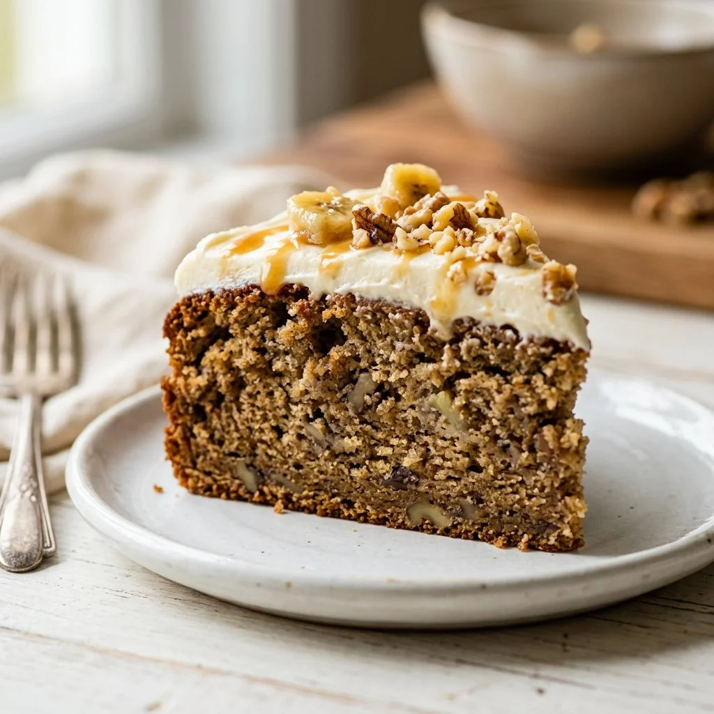 Delicious homemade banana cake with frosting on a plate