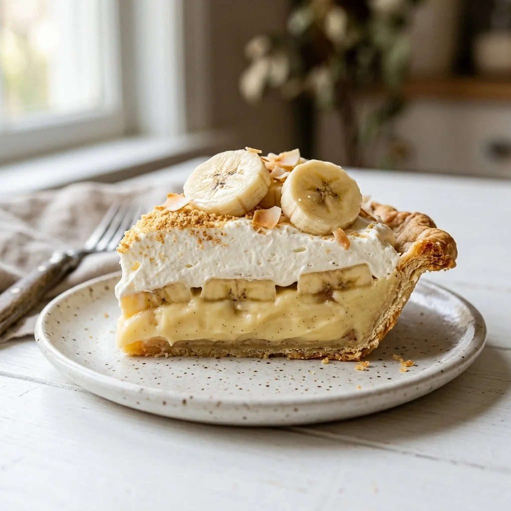 Delicious homemade banana cream pie with whipped cream and fresh bananas