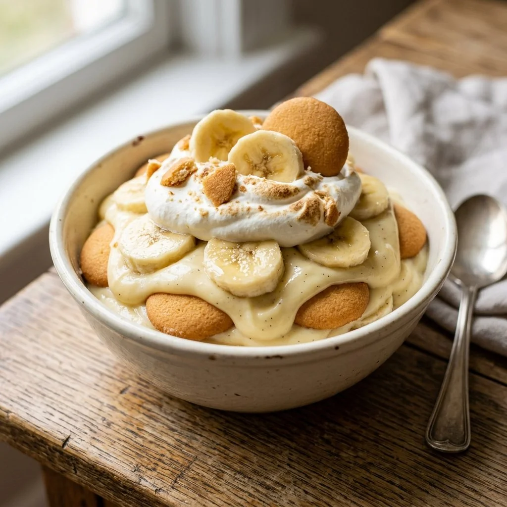 Delicious homemade banana pudding served in a bowl with whipped cream.