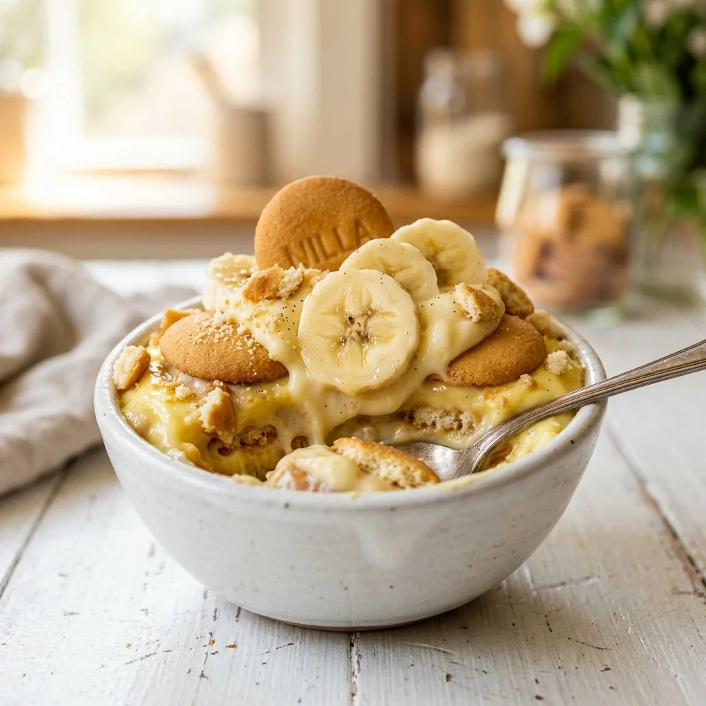 Delicious homemade banana pudding in a bowl with vanilla wafers and banana slices