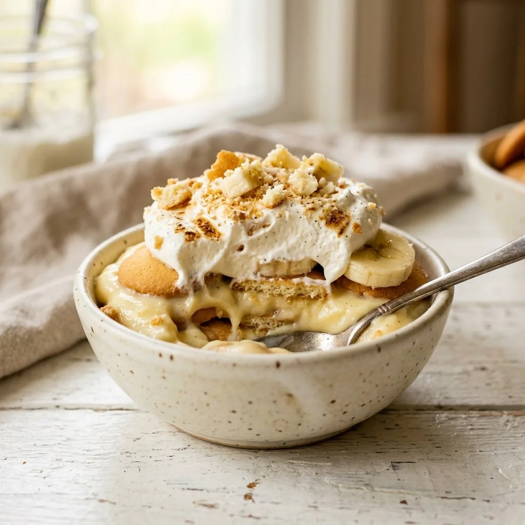 Delicious homemade banana pudding served in a glass bowl
