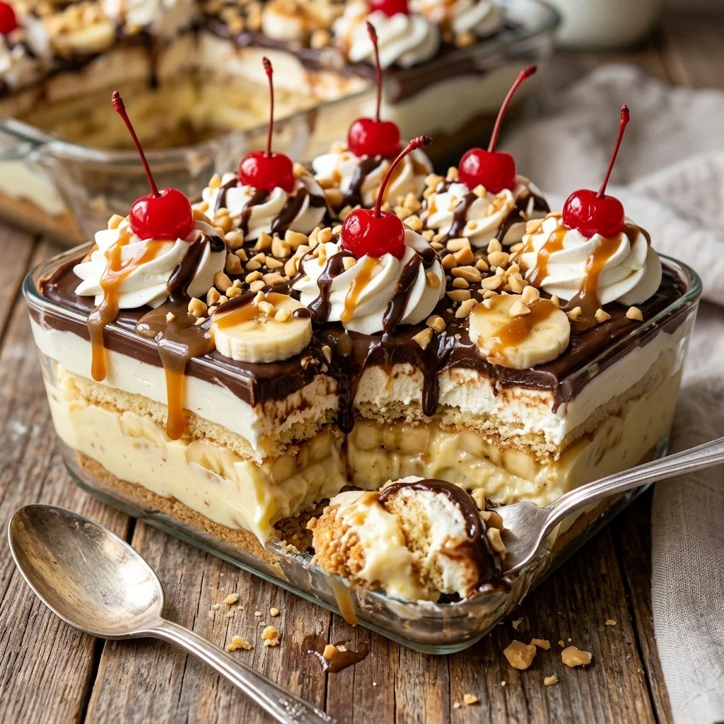 Delicious Banana Split Lasagna dessert with layered bananas and whipped cream