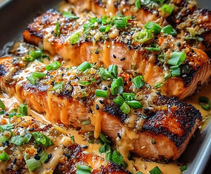 Plate of Bang Bang Salmon garnished with herbs and served with sides