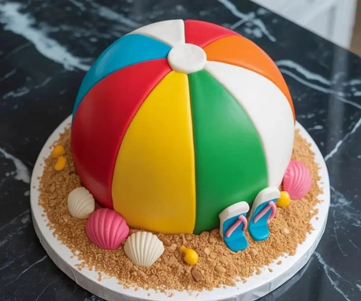 Bright and colorful Beach Ball Cake decorated for summer parties