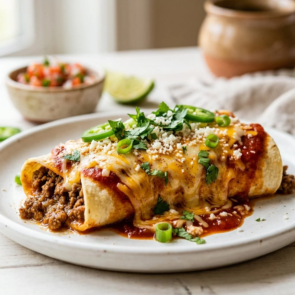 Delicious homemade beef enchiladas topped with cheese and sauce.