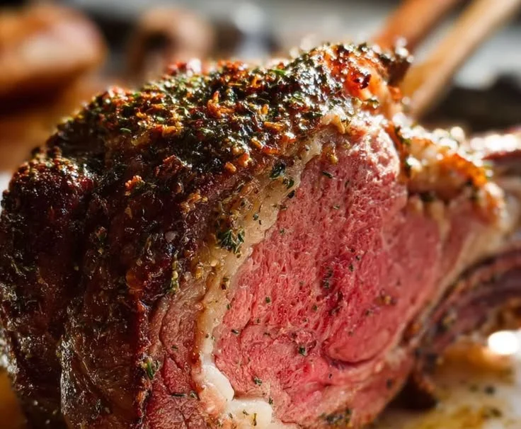 Perfectly cooked Beef Standing Rib Roast served with herbs and vegetables.