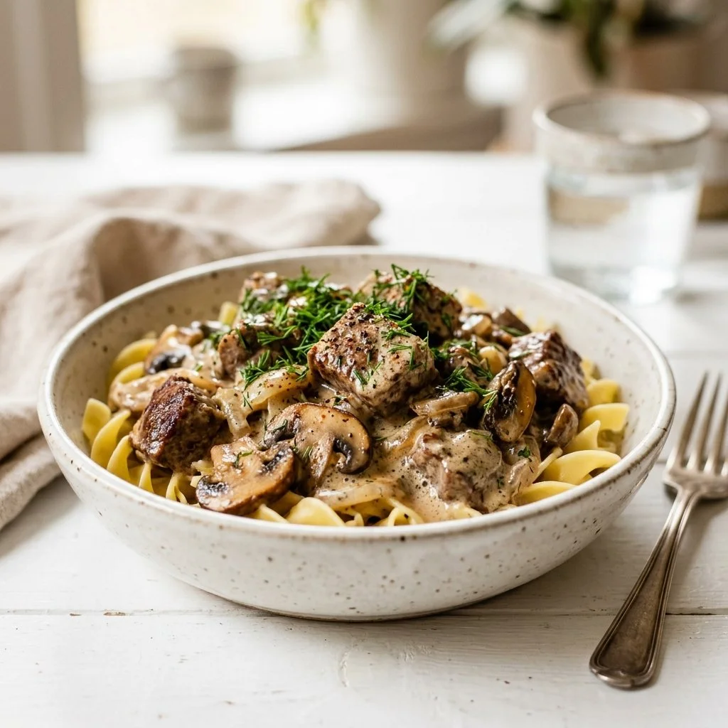 Delicious beef stroganoff served with creamy sauce and noodles