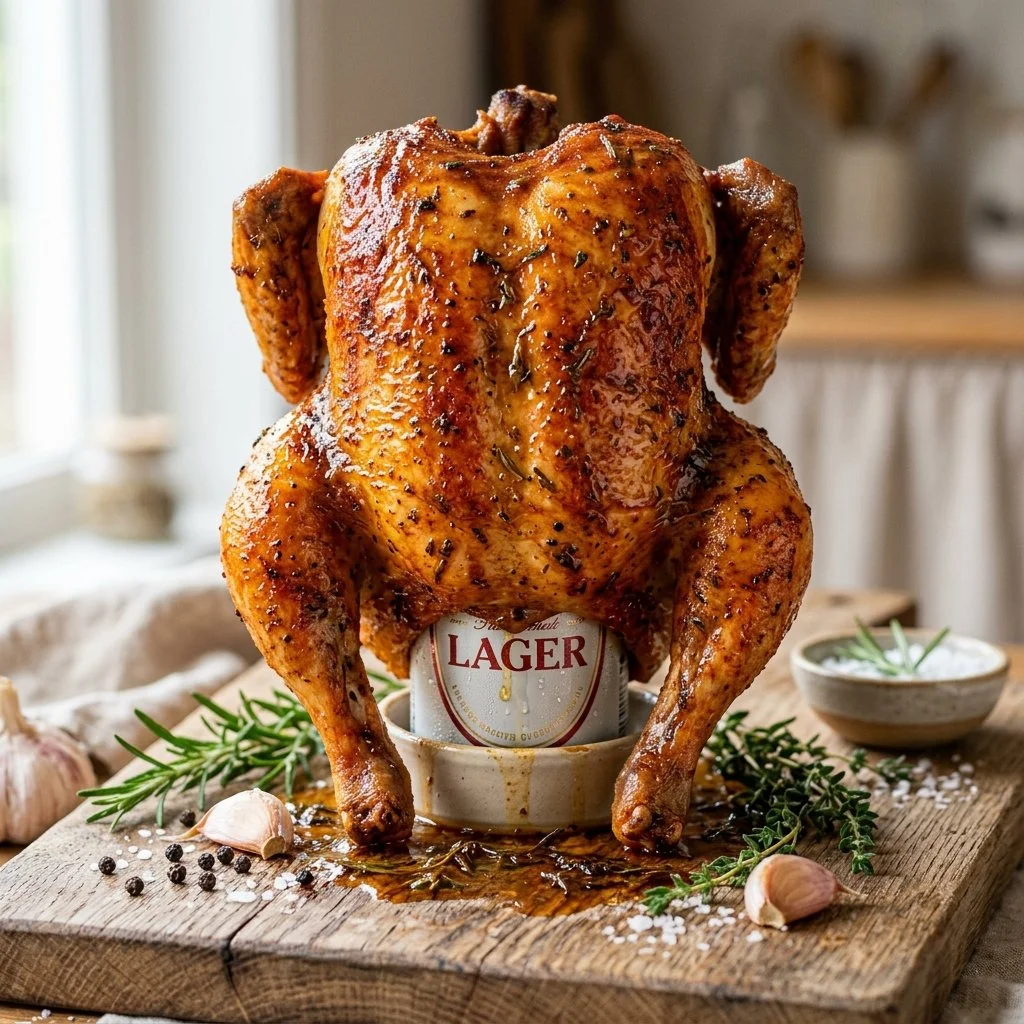 A deliciously grilled beer can chicken resting on a barbecue grill.