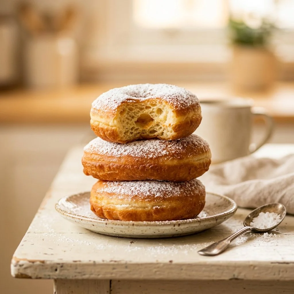 Freshly prepared beignets dusted with powdered sugar on a plate