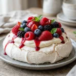 Delicious Berry Pavlova topped with fresh assorted berries and whipped cream