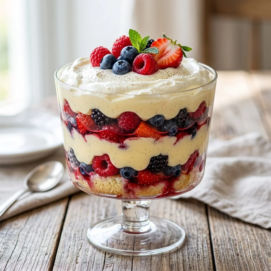 A delicious berry trifle with layers of fresh berries, cream, and cake.