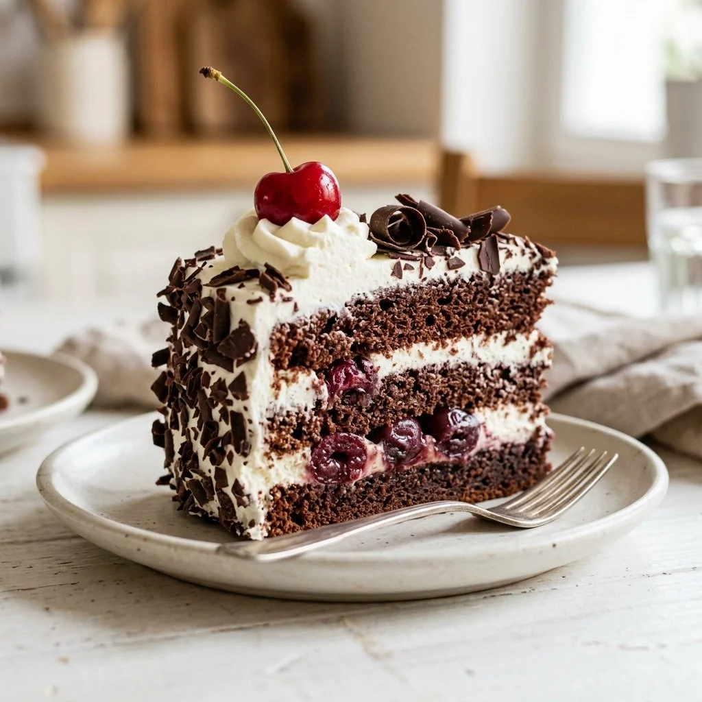 Delicious black forest cake topped with cherries and whipped cream.