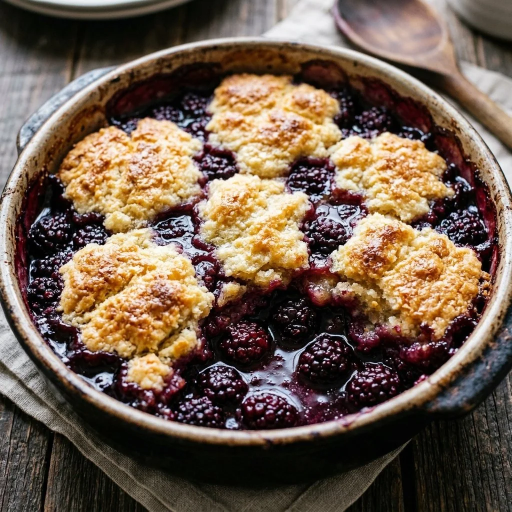 Delicious homemade Blackberry Cobbler with fresh blackberries on top
